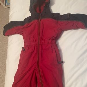 REI 3T toddler red and black snowsuit.